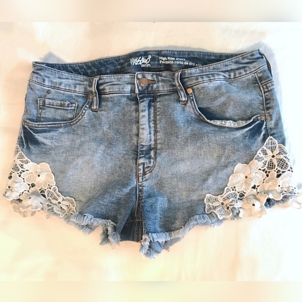 Mossimo High Rise Lace Detail Jean Shorts Raw Hem